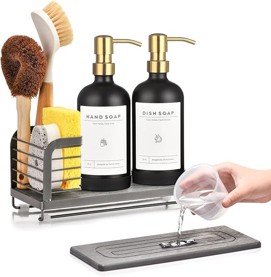 Kitchen Soap Dispenser Set with Drying Tray – 16oz Glass Bottles with Stainless Steel Pumps, Sink Organizer Caddy with Brush Holder & Non-Slip Feet – All-in-One Dish & Hand Soap Station