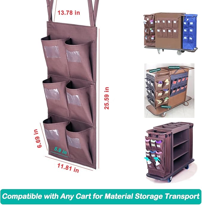 Replacement Janitorial Cart Bag, High Capacity Waterproof Thickened Housekeeping Commercial Janitorial Cleaning Cart Bag with 6 Brass Grommets - 25 Gallon (Vertical 6-Pocket - Brown)