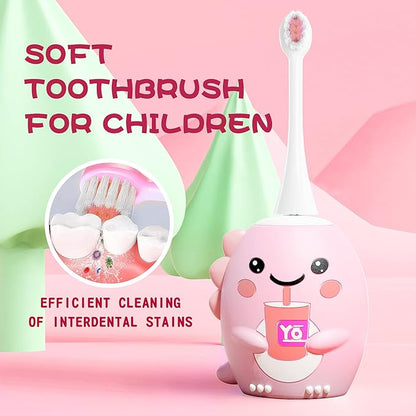 DYCROL Kids U Shaped Electric Toothbrush with 4 Brush Heads, Sonic Toothbrush Kids with 5 Modes, Cartoon Dinosaur 360-Degree Cleaning IPX7 Waterproof Design (6-12 Age (Pink))