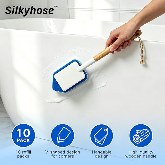 Tub Tile Scrubber Brush – 2 Pack with Wooden Handle, Includes 10 Melamine Sponge Eraser Heads | Non-Scratch Cleaner for Bathtub, Shower Wall, Grout, Kitchen Sink