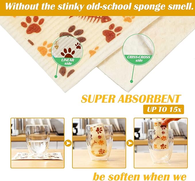 Geiserailie 6 Pieces Cat Sweedish Dishcloth Dish Towels Durable Swedish Cleaning Cloths Absorbent and Fast Dry Kitchen Towels Cats Cleaning Cloths for Kitchen Bathroom Office Wedding Housewarming