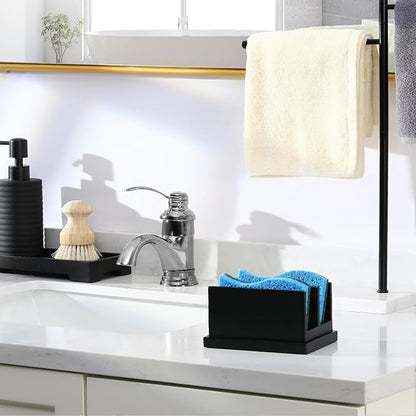 Luxspire Kitchen Sponge Holder for Sink, Dish Sponge Holder with 2 Compartments, Sponge Caddy for Kitchen Sink Counter, Sponge Holder with Drain Tray, Matte Black