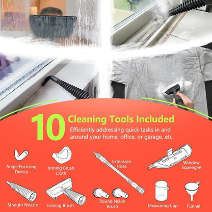 Steam Cleaner for Home, 1050W Pressurized Handheld Steam Cleaner for Deep Cleaning, Powerful Grease Removal, Chemical Free Steamer for Cleaning with Safety Lock & 10 Tools for Kitchen Bathroom (Green)