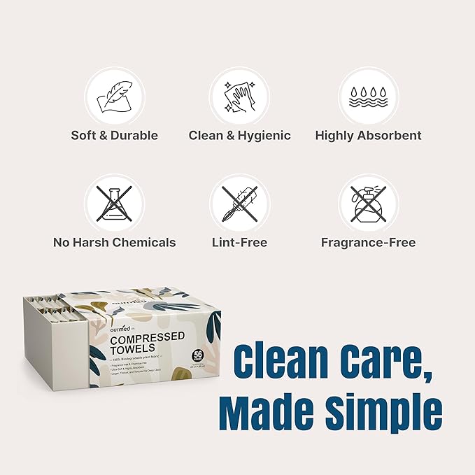 Ourmed Life Mini Compressed Towel Tablets, Disposable Washcloths, Individually Wrapped Mini Tablets, Expands with Water, Soft & Lint-Free, 12 x 10 Inch, Travel Size (56 Count)