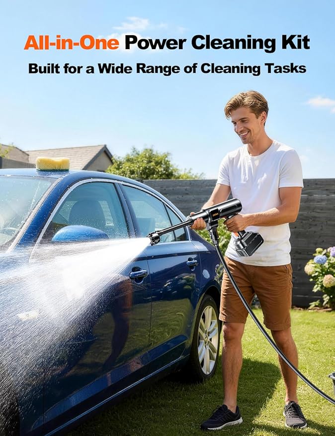 Portable Cordless Washer, Handheld Car Cleaning Kit with Brushless Motor, 6-in-1 Nozzle and 32 FT Detachable Hose for Cars, Garden and Patio Cleaning