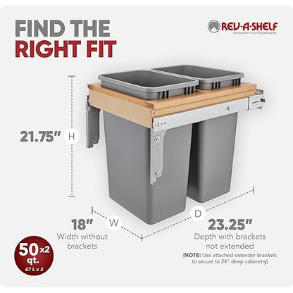 Rev-A-Shelf Top Mount Double Pullout Under Cabinet 50 Quart Kitchen Trash Cans w/Soft-Close for Full Height Cabinet, 150 Pound Rated Full-Extension Slides, 4WCTM-2150BBSCDM-2