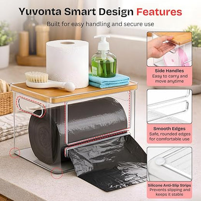 Trash Bag Dispenser with Front Opening, Stackable Garbage Bag Holder for Kitchen & Home, Fits 2.5 Gallon Bags, Includes Reusable Gloves, Adhesive Anti-Slip Pads & 15 Trash Bags–Extra Large Organizer