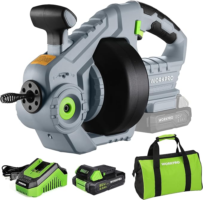 WORKPRO 20V Electric Drain Auger, 25Ft Plumbing Snake Drain Hair Removal Tool Set with 2.0AH Battery and Charger, Toilet Snake for Sewer, Bathroom, Sink, Drain Snake 3/4"-2" Pipe