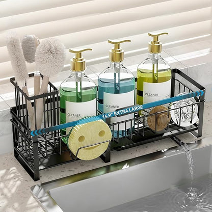 Aurblozen Extra Large Extendable Sponge Holder for Kitchen Sink, Rustproof Sink Caddy Organizer with High Brush Holder, Dish Soap Dispenser Organizers and Storage (Black)