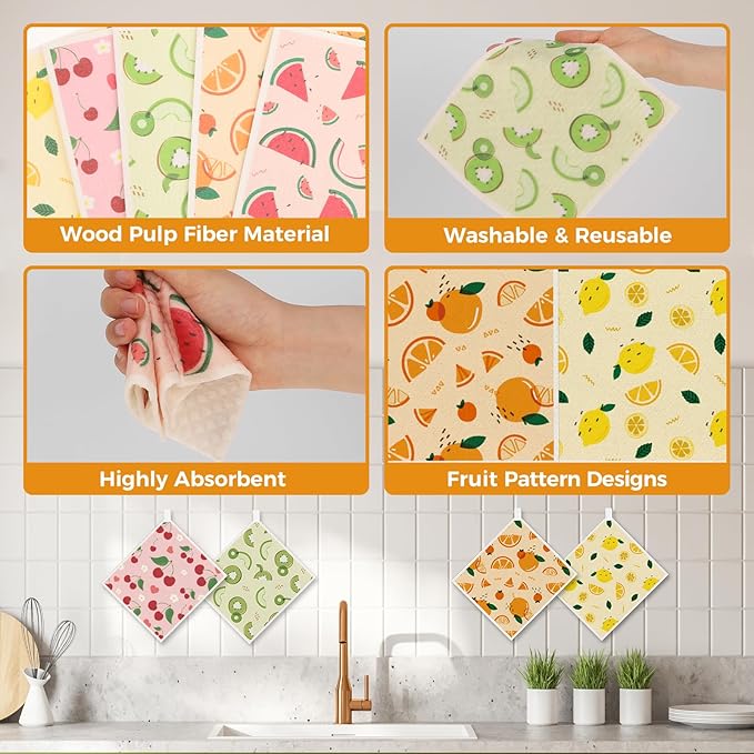 wlich 10PCS Swedish Dishcloths for Kitchen, Reusable Paper Towels Washable, Dish Rags for Washing Dishes with Clips, Non-Scratch Kitchen Towels and Dishcloths Sets, Dish Cloths, No Odor(Fruit)