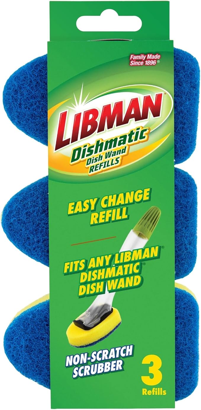 LIBMAN Dishmatic® Non-Scratch Scrubber Dish Wand Refills Dish Cleaning Sponge - Gentle Non-Scratch Sponge Heads, Safe for Glass & Delicate Dishes