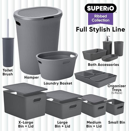 Superio Ribbed Collection - Decorative Plastic Toilet Bowl Brush and Holder Set, Grey (1 Pack) Cleaner Scrubber for Bathroom