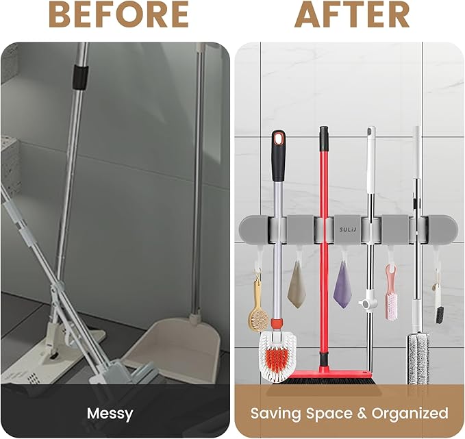 3PCS Broom Holder Wall Mount, No-Drilling Self-Adhesive Mop and Broom Storage Rack (4 Racks with 5 Hooks),Wall-Mounted Broom Hanger for Bathroom, Kitchen, Closet, Garage (Gray)