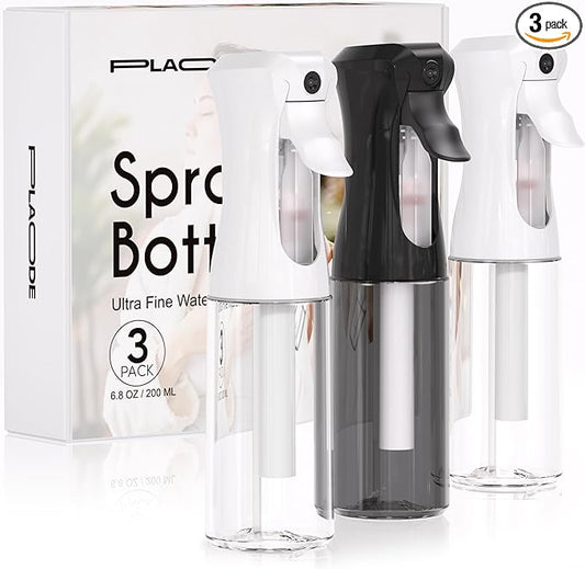 3 Pack Spray Bottle for Hair - Continuous Hair Spray Bottles Refillable Mister Sprayer for Hairstyling, Plants, Pets, Skincare, Cleaning (6.8 OZ/200ML, Black+White+White)