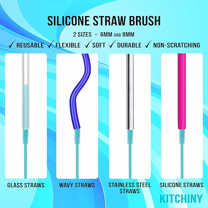 Kitchiny Silicone Bottle Brush with 2 Straw Cleaners - 12.5” Water Bottle Cleaner Brush for Yeti, Hydro Flask, Owala, Stanley, Baby Bottles, Glassware, Vases & Narrow Neck Containers - Blue
