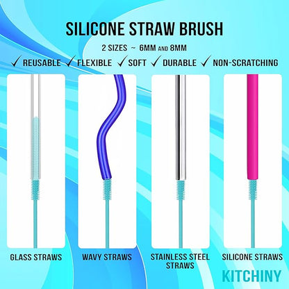 Kitchiny Silicone Bottle Brush with 2 Straw Cleaners - 12.5” Water Bottle Cleaner Brush for Yeti, Hydro Flask, Owala, Stanley, Baby Bottles, Glassware, Vases & Narrow Neck Containers - Blue