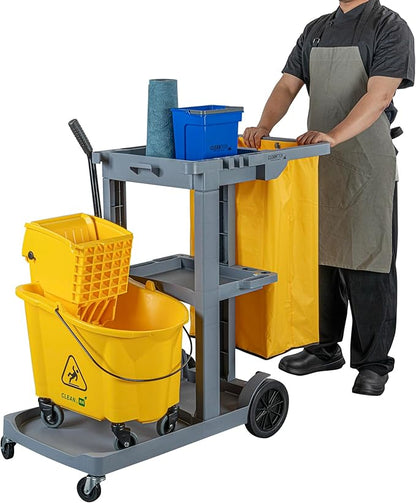 Restaurantware-Clean Tek Professional Janitor Cart with Wheels, 1 Cleaning Trolley with 18 Gallon Bag - 3 Shelves, Heavy-Duty, Gray Plastic Commercial Janitorial Cart, for Restaurants