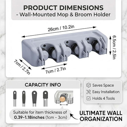 TOGU Mop and Broom Holder Wall Mounted 3 Position Storage Rack with 4 Retractable Hooks Holds up to 7 Tools Utility Weatherproof Holder for Garage Storage Systems Broom Organizer,Gray