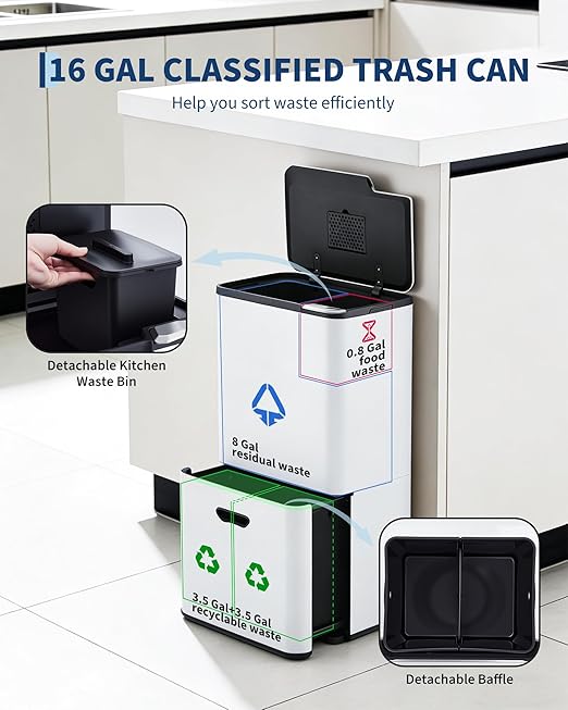 GarveeHome 16 Gallon Dual Trash Can for Kitchen, 2 Compartment Stainless Steel Garbage Can, 33L+28L Kitchen Recycling Bin with Compost Caddy, Removable Inner Bucket & Odor Control, White