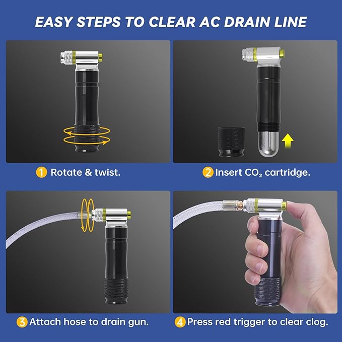 Upgraded Drain Device, AC Drain Line Cleaner Device, AC Drains Line Unclogger Tool, with 6 Unthreaded CO2 Cartridges, with a Flexible Hose to Clear All HVAC Clogs,20 Gram Unthreaded CO2,Black