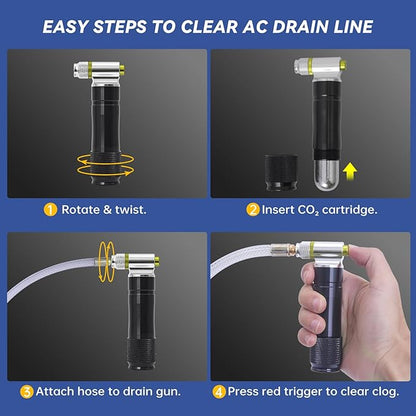 Upgraded Drain Device, AC Drain Line Cleaner Device, AC Drains Line Unclogger Tool, with 6 Unthreaded CO2 Cartridges, with a Flexible Hose to Clear All HVAC Clogs,20 Gram Unthreaded CO2,Black