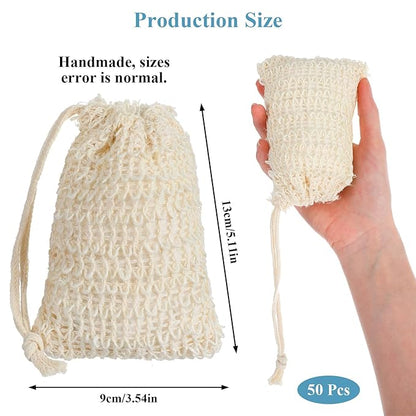 50pcs Soap Saver Bag mesh soaps bags with Drawstring Exfoliating Pouch Sisal soaps bag loofah pouch soap savers for bar Foaming and Drying Exfoliating Net for Bath and Shower