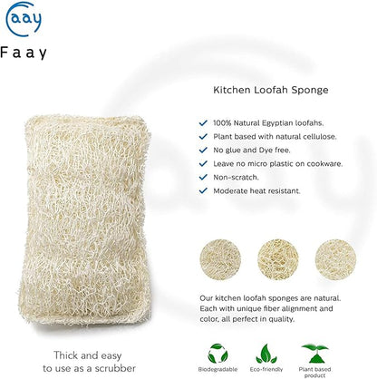 FAAY Eco Friendly Sponges for Dishes, Multi-Purpose Non-Scratch Loofah Scrubber for Cookware, Kitchen, Bathtub and Body, Handmade Unbleached Luffa Fiber, Natural, Biodegradable, Compostable & No Smell