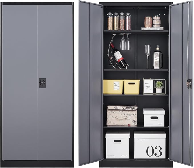 72 Inch Metal Cabinet,Locking Storage Cabinet with 2 Doors and 4 Adjustbale Shelves,Steel Tool Cabinet for Garage,Basement,Home Office,Gym(Grey& Black)