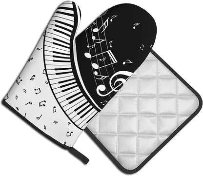 Oven Mitt and Pot Holders Sets - Music Kitchen Mitts Black White Piano Oven Gloves Hot Pads Set of 2 for Cooking BBQ Baking Grilling
