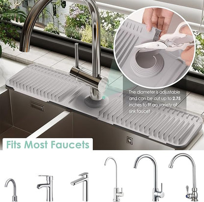 24 Inch Silicone Faucet Mat for Kitchen Sink Splash Guard - 7° Slope Water Draining Mat With Fasten Button for Bathroom Area (Gray, 24"x5.5")