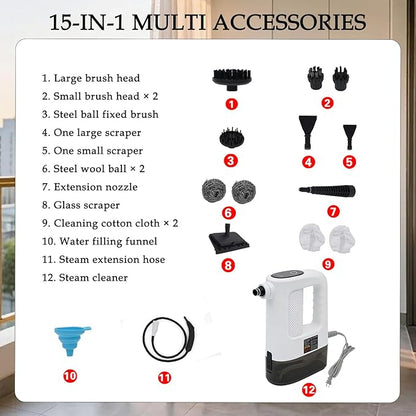 15-in-1 Pressurized Multi-Purpose Natural Handheld Steam Cleaner, 15s Instant Heat Portable Steamer with 400ml Tank, Multi-Surface Deep Cleaning for Home, Grout, Furniture, Couch, Car, Bathroom, Floor