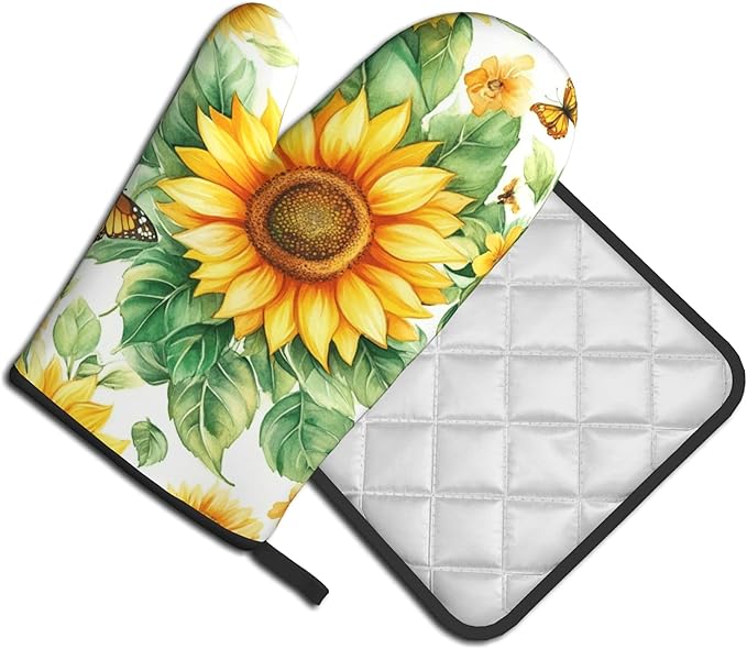 Sunflower Oven Mitts and Pot Holders Sets Watercolor Yellow Floral Plant Kitchen Gloves Hot Pads 2 Pieces Set Spring Summer Farmhouse Kitchen Decor and Accessories