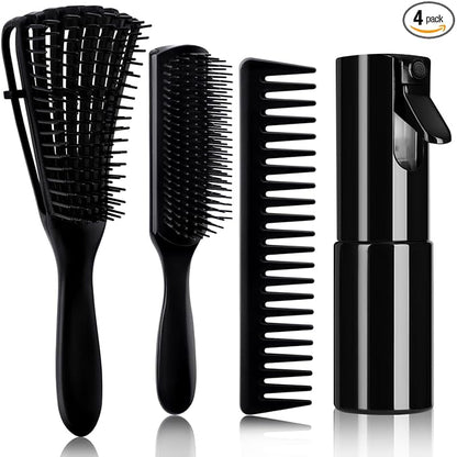 4pcs Curly Hair Brush Set for Adult & Kids Wet or Dry, Detangling Brush for 3/4ABC Hair with Detangler Spray Bottle & Wide Tooth Comb (3+1, Black)
