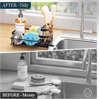 Consumest Sponge Holder for Kitchen Sink - Auto Draining Sink Caddy Organizer with Detachable Rack, High Brush Holder, Kitchen Countertop Storage Accessories, Black