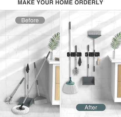 homeasy Wall Mount Mop and Broom Holder, Heavy Duty Stainless Steel Organizer Rack with Hooks | 2-Pack, 2-in-1 No Drill & Screw Installation, Black