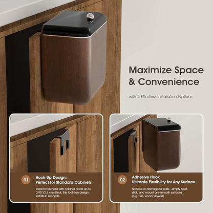 Large 3.2 Gallon Compost Bin, Under Sink Trash Can with Lid, Hanging Waste Cabinet for Office Kitchen Cupboard Bathroom Bedroom, Walnut Color