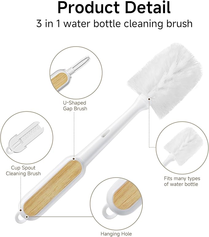 SUBEKYU Water Bottle Brush Cleaner Set - 2 Pack 3 in 1 Long Bamboo Handle Cleaning Brush with Bottle Brush, Nipple & Bottle Mouth Scrubber Brush for Cleaning Baby Bottles, Cups, Mugs, Tumbler, Thermos