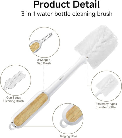 SUBEKYU Water Bottle Brush Cleaner Set - 2 Pack 3 in 1 Long Bamboo Handle Cleaning Brush with Bottle Brush, Nipple & Bottle Mouth Scrubber Brush for Cleaning Baby Bottles, Cups, Mugs, Tumbler, Thermos