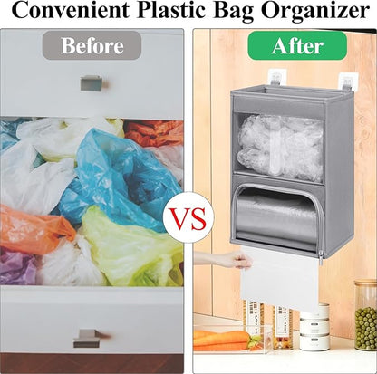2-in-1 Plastic Bag Holder with Clear Window, Large Grocery Bag Holder and Trash Bag Dispenser with Easy-Access Openings, Plastic Bag Organizer for Kitchen RV Cabinet Wall Mounted (Gray)
