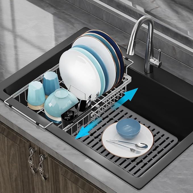 GSlife Expandable Over the Sink Dish Drying Rack with Silicone Sink Protector - Stainless Steel Dish Drainer with Locking Knob, Adjustable Dryer Strainer for Kitchen, 12.8" W x 10.8"-17.9" L, Silver