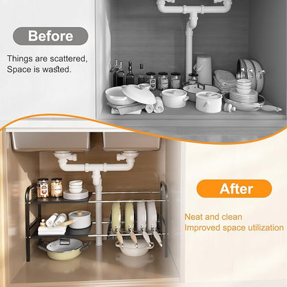 Under Sink Organizer 2 Tier Kitchen Storage Rack, Expandable Pot and Pan Organizer with Adjustable Height & 4 Dividers, Removable Kitchen Shelf for Cabinet, Countertop(4panels,1 Pot rack, Black)