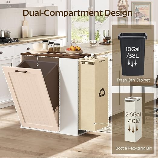YATINEY Tilt Out Trash Can Cabinet, 10 Gallon Hidden Garbage Can Cabinet with Bottle Recycling Compartment, Wooden Recycling Cabinet Trash Can, for Kitchen, Living Room, White and Walnut WB06WH