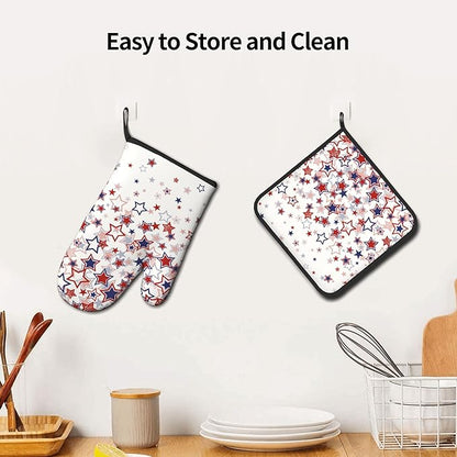 Stars Oven Mitts - Patriotic Kitchen Mitts Pot Holders Red White and Blue Hot Mitts 4th of July Hot Pads Sets of 2 for Cooking Baking Grilling