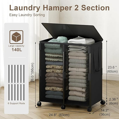 140L Double Laundry Hamper with Lid and 6 Wheels, Rolling Laundry Basket with 2 Removable Bags, Heavy Duty Metal Frame Clothes Cart, 2-Section Laundry Sorter for Bedroom, Bathroom (Black)