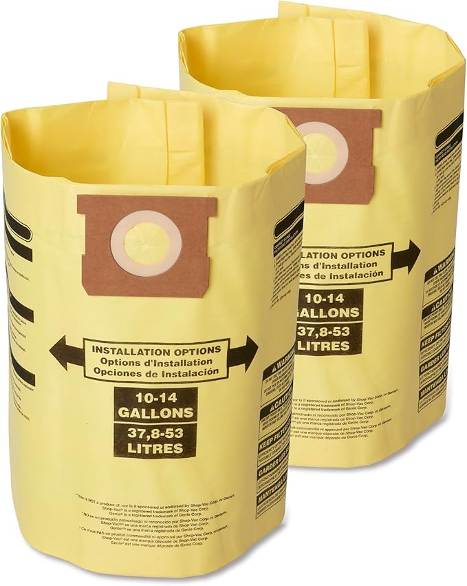 CRAFTSMAN CMXZVBE3877 Fine Dust Wet Dry Vac Dust Collection Bags for Most 10 to 14 Gallon Shop Vacuums, Collects Dry Fine Debris, Reduces Cleanup Time, 2-Pack