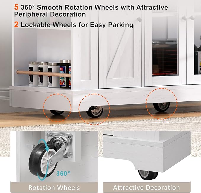 53" Farmhouse Kitchen Island with 2 Tempered Glass Cabinet Doors, Power Outlet, Rolling Kitchen Cart on Wheels with Drop Leaf, 5 Open Side Racks, 3 Drawers, for Kitchen, White
