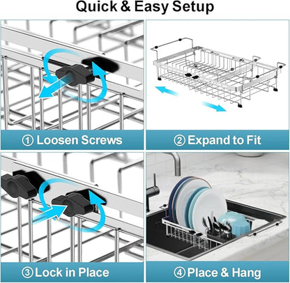 GSlife Dish Drying Rack Over the Sink - Expandable Stainless Steel Heavy Duty Dish Drainer for Small Kitchen Apartment, Space Saving Sink Rack with Secure Lock Knob and Utensil Holder, Silver