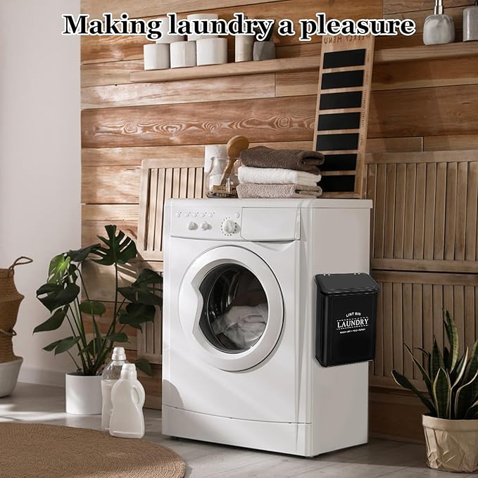 Fantasyon Magnetic Lint Bin with Lint Brush for Laundry Room Decor Farmhouse Rustic Metal Wall Mounted Lint Box Holder Keeper Organization Lint Trash Can with lid for Dryer (black)