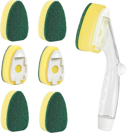 Dishwand Refills Sponges Heads with Soap Control Handle, 6 Non-Scratch Replacement Sponge Head for Dish Wand,Leak-Proof Handle,Universal Compatible Soap Dispensing Brush for Kitchen,Dishwasher