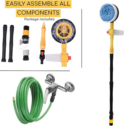 Rotating Car Wash Brush with Soap Dispenser & Hose Attachment Soft Bristle Car Spin Mop Washing Scrub Brush with Long Handle Water Flow Through High Pressure Car Cleaning Brush Kit Car Wash Hose
